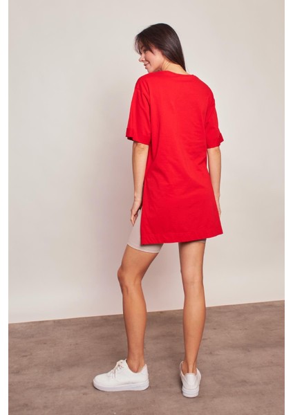 Likrasız Pamuk Sıfır Yaka Bol Duble Kol Yan Yırtmaçlı Oversize Tshirt- -Kırmızı modelleri