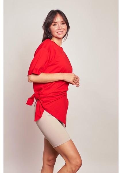 Likrasız Pamuk Sıfır Yaka Bol Duble Kol Yan Yırtmaçlı Oversize Tshirt- -Kırmızı fırsatları