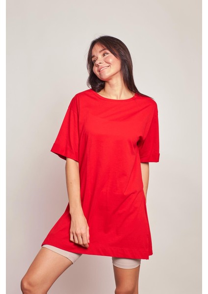 Likrasız Pamuk Sıfır Yaka Bol Duble Kol Yan Yırtmaçlı Oversize Tshirt- -Kırmızı fiyatları