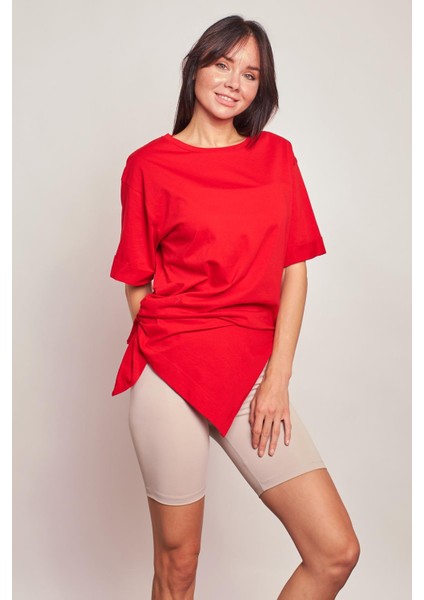Likrasız Pamuk Sıfır Yaka Bol Duble Kol Yan Yırtmaçlı Oversize Tshirt- -Kırmızı indirimleri