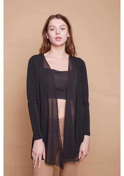 Likralı Krep Kumaş Şifon Detaylı Uzun Kol Hırka-Siyah
