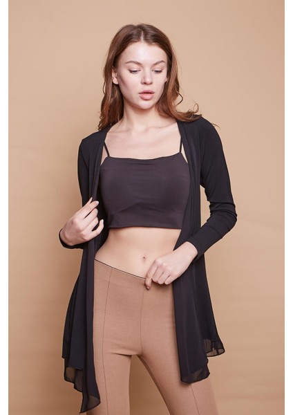 Likralı Krep Kumaş Şifon Detaylı Uzun Kol Hırka-Siyah fiyatları
