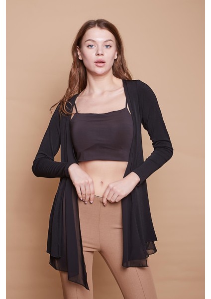 Likralı Krep Kumaş Şifon Detaylı Uzun Kol Hırka-Siyah modelleri