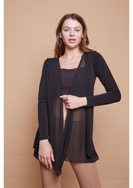 Likralı Krep Kumaş Şifon Detaylı Uzun Kol Hırka-Siyah indirimleri