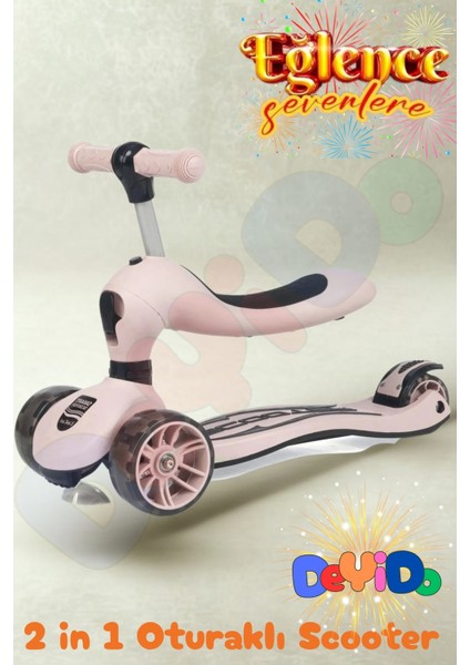 2 In 1 Oturaklı 3 Tekerlekli LED Işıklı Çocuk Scooter Yükseklik Ayarlı Eğlenceli Kaykay Scooter fiyatları