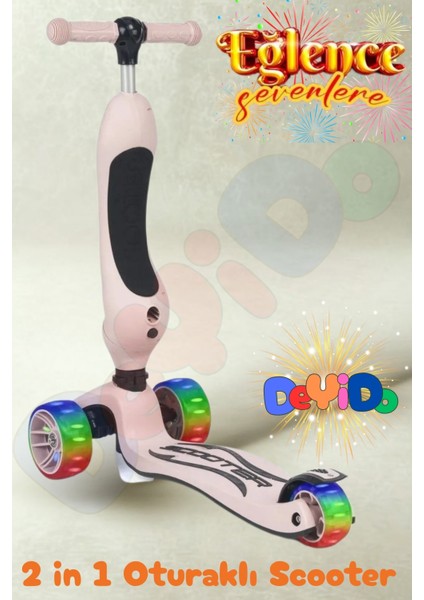2 In 1 Oturaklı 3 Tekerlekli LED Işıklı Çocuk Scooter Yükseklik Ayarlı Eğlenceli Kaykay Scooter fırsatları