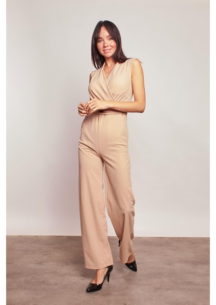 Likralı Krep Kumaş Önü Pileli Kruvaze Anvelop Kolsuz Yan Cepli Abiye Ofis Tulum-Bej modelleri