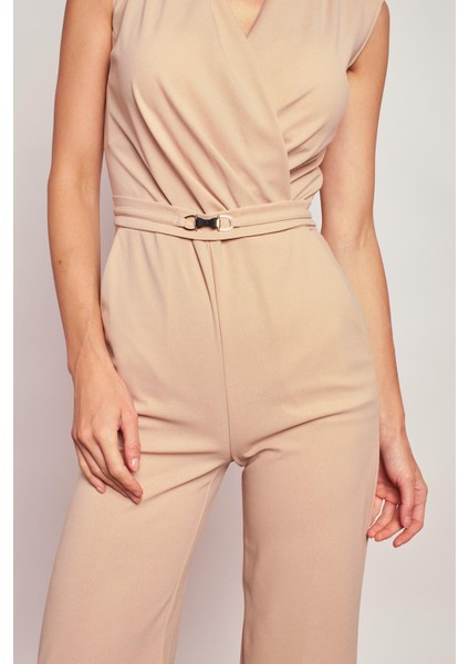 Likralı Krep Kumaş Önü Pileli Kruvaze Anvelop Kolsuz Yan Cepli Abiye Ofis Tulum-Bej indirimleri