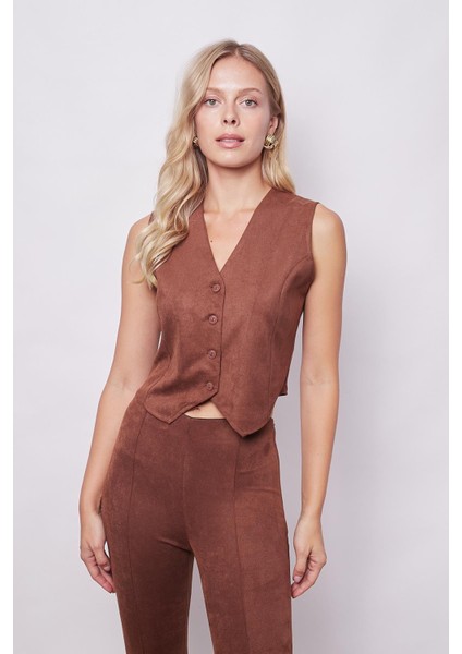 Kadın Kadife Likralı Yumuşak Dokulu V Yaka Arkası Ayarlanabilir D Tokalı Yelek-Fındık Kabuğu fiyatları