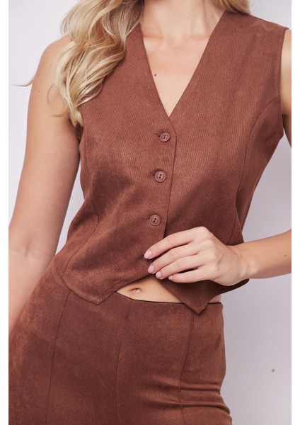 Kadın Kadife Likralı Yumuşak Dokulu V Yaka Arkası Ayarlanabilir D Tokalı Yelek-Fındık Kabuğu indirimleri