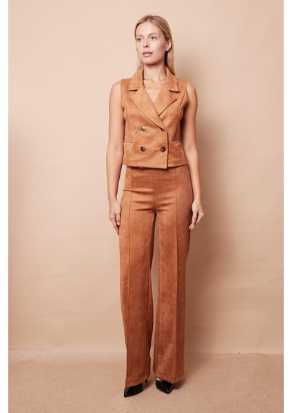 Kadın Hafif Likralı Süet Kumaş Yakalı Flato Cepli Düğmeli Yelek(Pantolon Için Jument 40074)-CAMEL