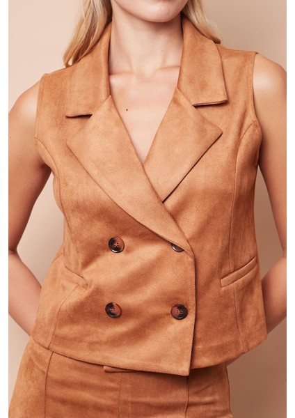 Kadın Hafif Likralı Süet Kumaş Yakalı Flato Cepli Düğmeli Yelek(Pantolon Için Jument 40074)-CAMEL modelleri