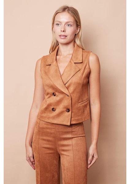 Kadın Hafif Likralı Süet Kumaş Yakalı Flato Cepli Düğmeli Yelek(Pantolon Için Jument 40074)-CAMEL fırsatları