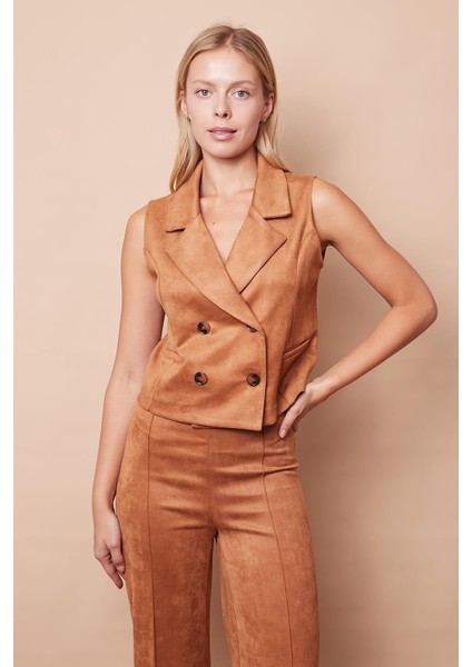 Kadın Hafif Likralı Süet Kumaş Yakalı Flato Cepli Düğmeli Yelek(Pantolon Için Jument 40074)-CAMEL indirimleri