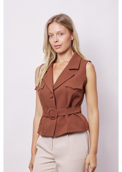 Kadın Yakalı Kemerli(Çıkartılabilinir) Düğmeli Hafif Likralı Şık Kumaş Yelek-Koyu Taba fırsatları