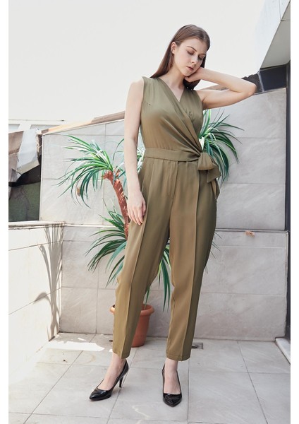 %100 Iyocell Akıcı Şık Kumaş Anvelop Kruvaze Bağcıklı Cepli Önü Pileli Dar Paça Tulum -Haki