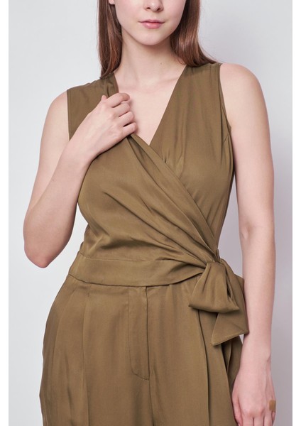 %100 Iyocell Akıcı Şık Kumaş Anvelop Kruvaze Bağcıklı Cepli Önü Pileli Dar Paça Tulum -Haki