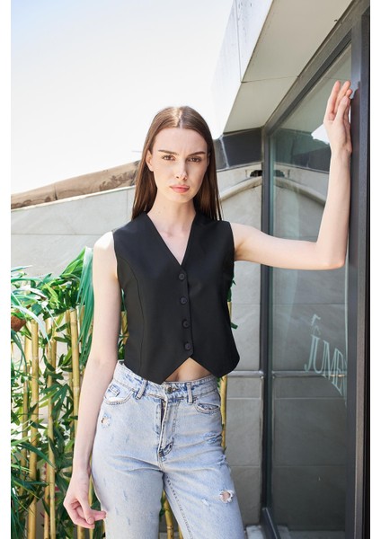 V Yaka D Tokalı Hafif Likralı Kumaş Kısa Yelek(Pantolon Ayrıdır Jument 40057)-SIYAH