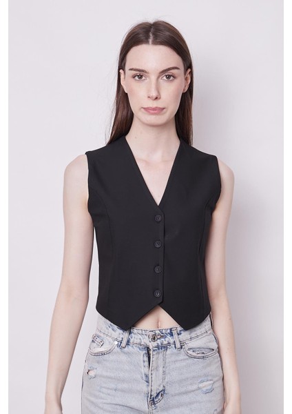 V Yaka D Tokalı Hafif Likralı Kumaş Kısa Yelek(Pantolon Ayrıdır Jument 40057)-SIYAH