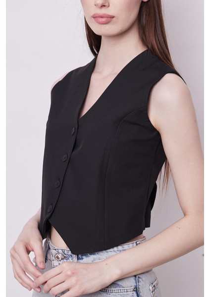 V Yaka D Tokalı Hafif Likralı Kumaş Kısa Yelek(Pantolon Ayrıdır Jument 40057)-SIYAH