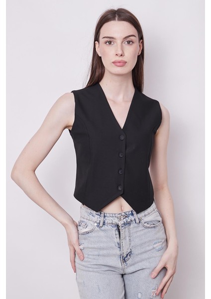 V Yaka D Tokalı Hafif Likralı Kumaş Kısa Yelek(Pantolon Ayrıdır Jument 40057)-SIYAH
