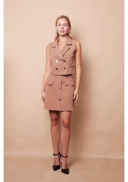 Likralı Kumaş Yakalı Flato Cep Kruvaze Şık Ofis Yelek(Etek Ayrıdır Kodu Jument 100116)-CAMEL