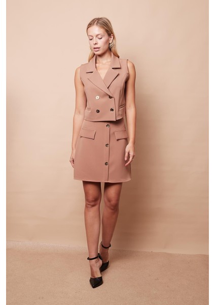 Likralı Kumaş Yakalı Flato Cep Kruvaze Şık Ofis Yelek(Etek Ayrıdır Kodu Jument 100116)-CAMEL fiyatları