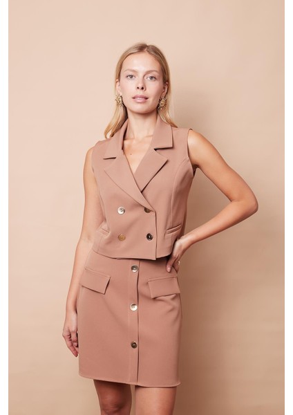 Likralı Kumaş Yakalı Flato Cep Kruvaze Şık Ofis Yelek(Etek Ayrıdır Kodu Jument 100116)-CAMEL modelleri