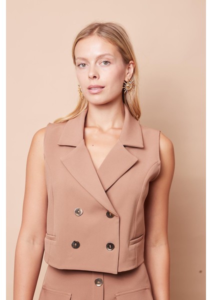 Likralı Kumaş Yakalı Flato Cep Kruvaze Şık Ofis Yelek(Etek Ayrıdır Kodu Jument 100116)-CAMEL fırsatları