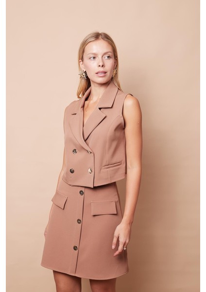 Likralı Kumaş Yakalı Flato Cep Kruvaze Şık Ofis Yelek(Etek Ayrıdır Kodu Jument 100116)-CAMEL indirimleri