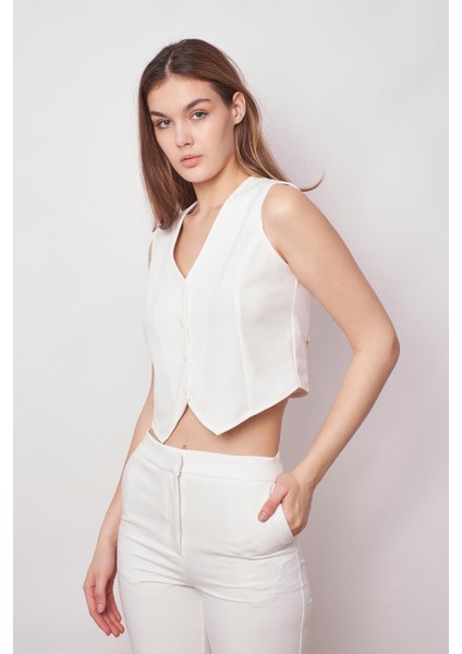 Kadın Likralı Krep Kumaş Arkası D Tokalı Kısa Yelek-Krem fırsatları