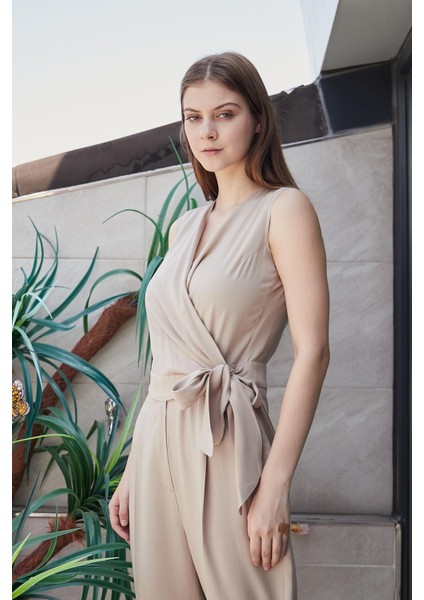 %100 Iyocell Akıcı Şık Kumaş Anvelop Kruvaze Bağcıklı Cepli Önü Pileli Dar Paça Tulum -Taş fiyatları