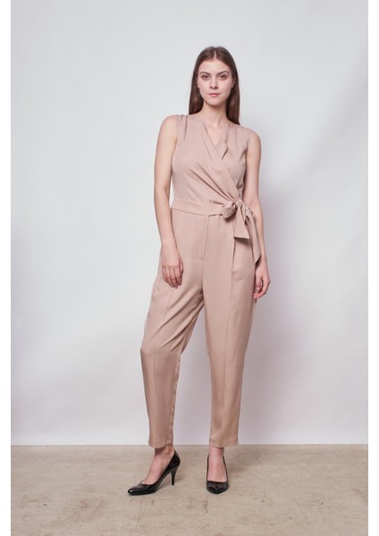 %100 Iyocell Akıcı Şık Kumaş Anvelop Kruvaze Bağcıklı Cepli Önü Pileli Dar Paça Tulum -Taş fırsatları