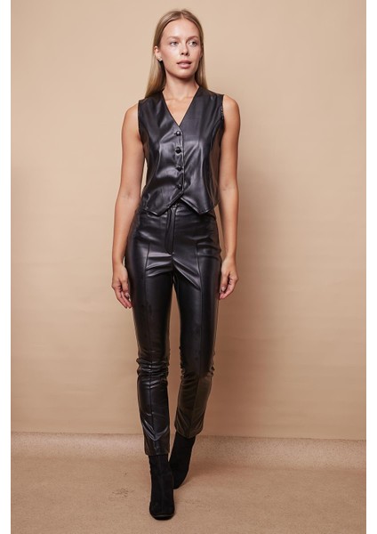 Kadın Hafif Likralı Violet Deri Kısa Yelek(Pantolon Için Jument 40086)-SIYAH