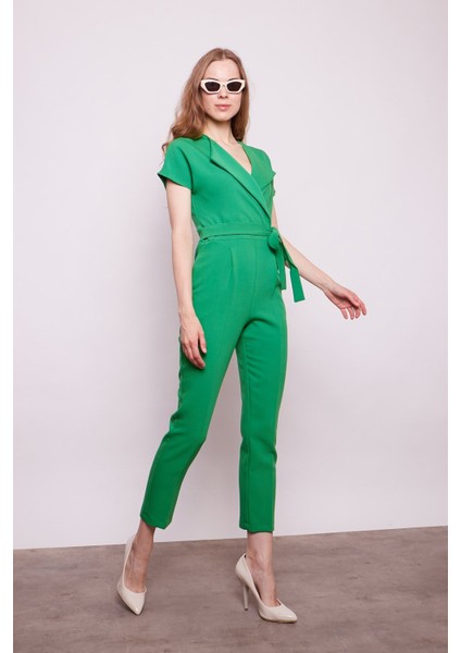 Şal Yaka Düşük Omuzlu Bağcıklı Bilek Boy Şık Pamuklu Likralı Kumaş Tulum-B.yeşili