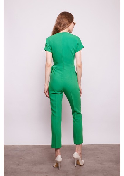 Şal Yaka Düşük Omuzlu Bağcıklı Bilek Boy Şık Pamuklu Likralı Kumaş Tulum-B.yeşili fiyatları