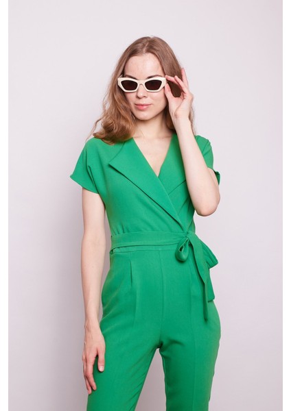 Şal Yaka Düşük Omuzlu Bağcıklı Bilek Boy Şık Pamuklu Likralı Kumaş Tulum-B.yeşili modelleri