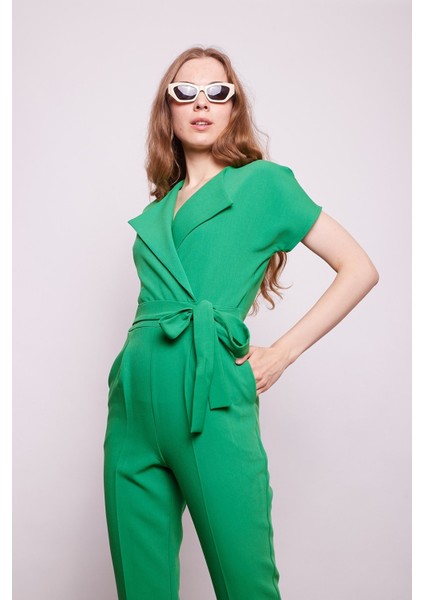 Şal Yaka Düşük Omuzlu Bağcıklı Bilek Boy Şık Pamuklu Likralı Kumaş Tulum-B.yeşili indirimleri