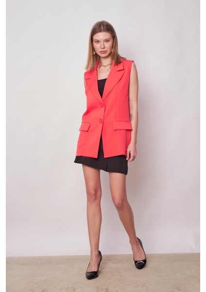 Kadın Yakalı Cep Kapaklı Hafif Likralı Dokuma Kumaş Oversize Blazer Yelek-Mercan modelleri