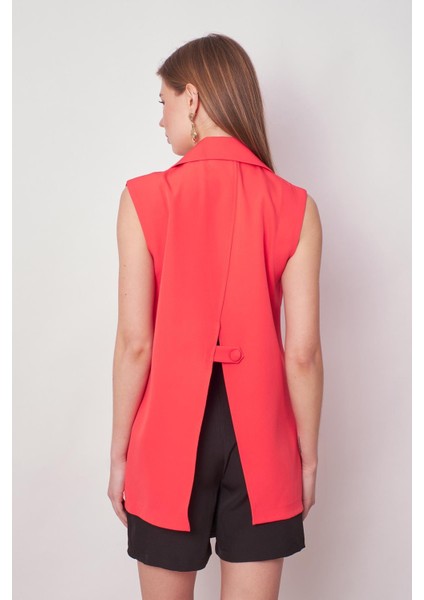 Kadın Yakalı Cep Kapaklı Hafif Likralı Dokuma Kumaş Oversize Blazer Yelek-Mercan fırsatları