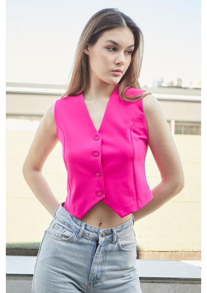 Kadın Önü Düğmeli Hafif Likralı Kumaş Kısa Yelek-Fujya fiyatları