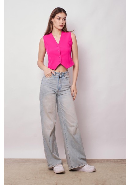 Kadın Önü Düğmeli Hafif Likralı Kumaş Kısa Yelek-Fujya modelleri