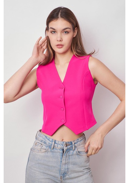 Kadın Önü Düğmeli Hafif Likralı Kumaş Kısa Yelek-Fujya fırsatları