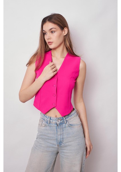 Kadın Önü Düğmeli Hafif Likralı Kumaş Kısa Yelek-Fujya indirimleri