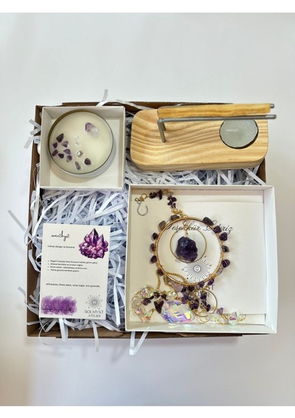 Ametist Hediye Kutusu 3 - Doğal Taş Sun Catcher, Ametist Mum, Palo Santo ve Palo Santo Tütsülük