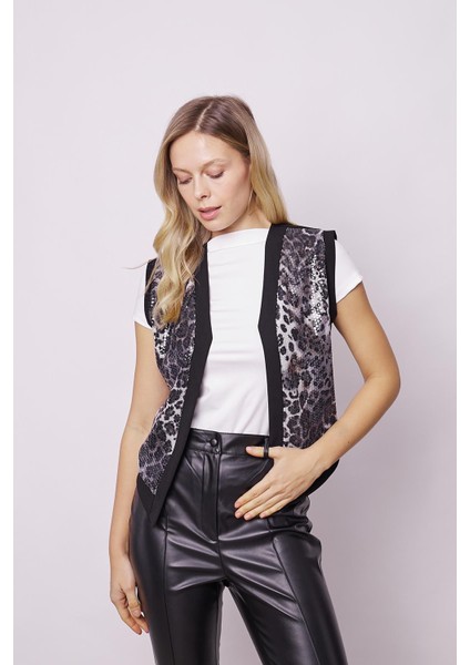 Kadın Hafif Likralı Krep Kumaş Pul Detaylı Vücuda Oturan Yelek-Leopar fırsatları