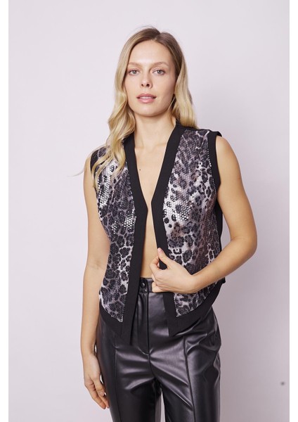 Kadın Hafif Likralı Krep Kumaş Pul Detaylı Vücuda Oturan Yelek-Leopar indirimleri