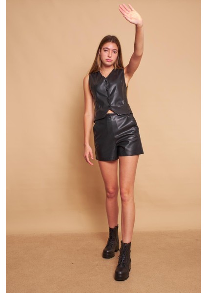 Ekolojik Suni Deri Cepli Kısa Yelek -Siyah