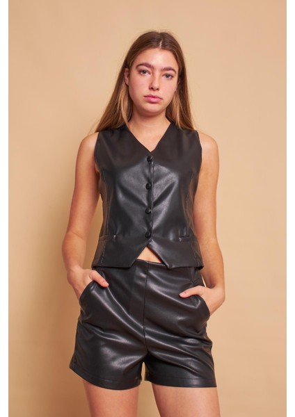 Ekolojik Suni Deri Cepli Kısa Yelek -Siyah modelleri