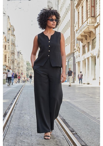 Kadın Likrasız Ipeksi Modal Yumuşak Dokulu Kumaş Flato Cepli Düğmeli Yelek-Siyah